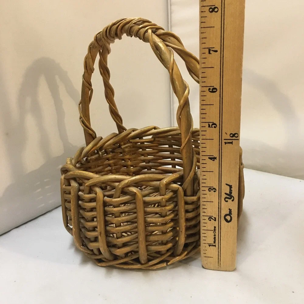Woven Wicker Basket Small Gold Brown Rustic Double Handle Decor Cottagecore